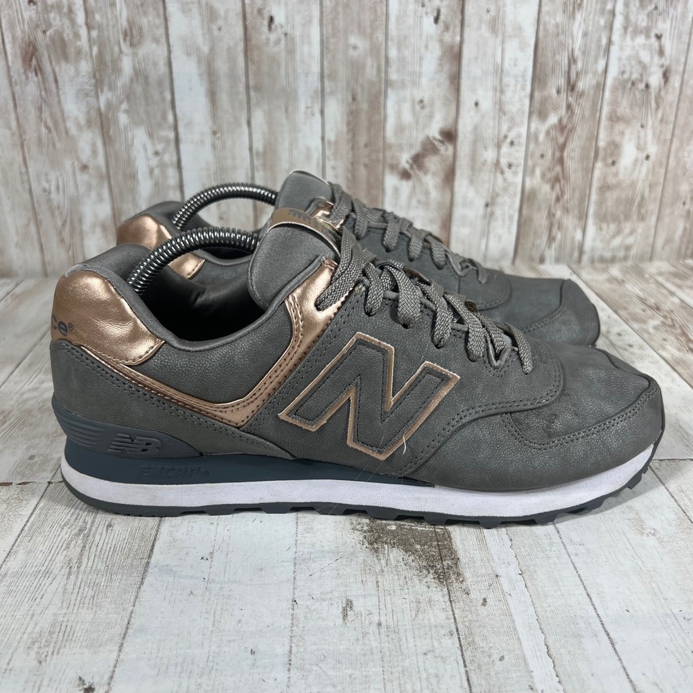 New Balance 574 Womens Shoes Size 12 Grey Rose Gold Metallic Sneakers WL574PBG